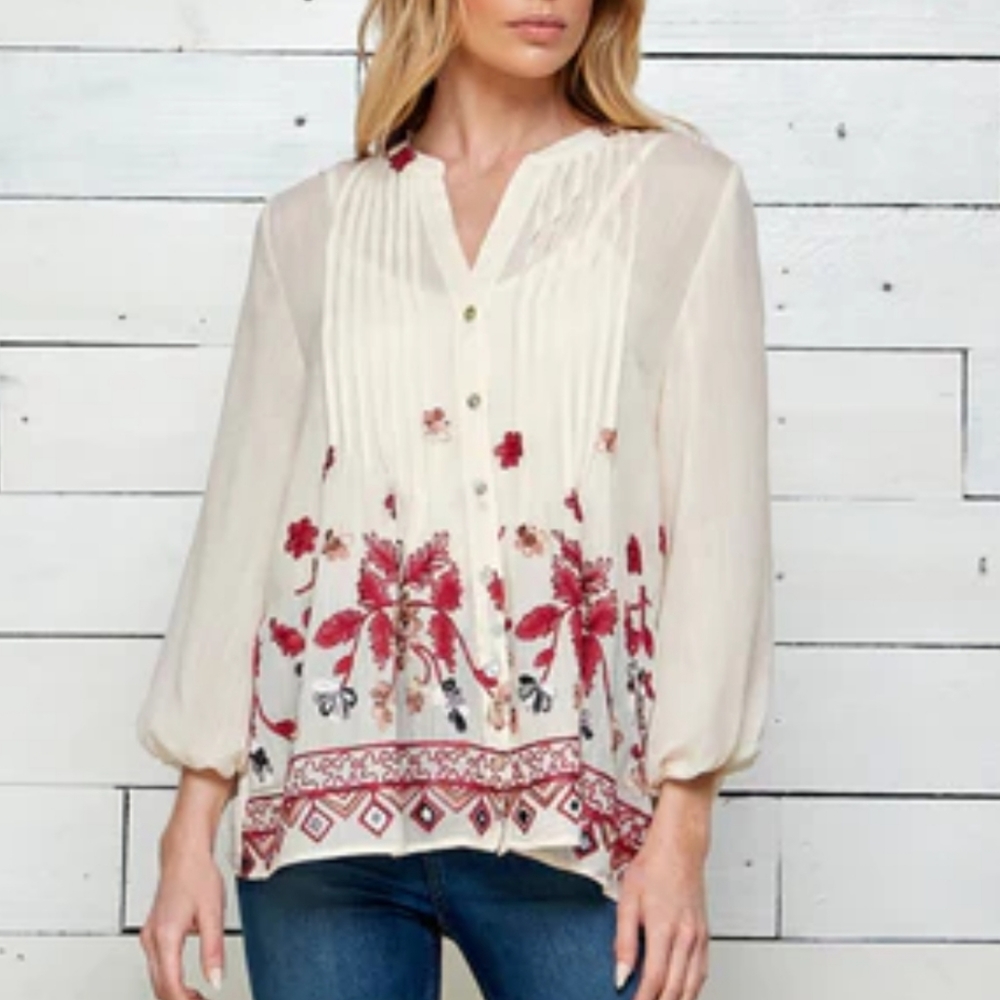 ANTHROPOLOGIE Fig & Flower 3/4 Sleeve Embroidered Blouse Large